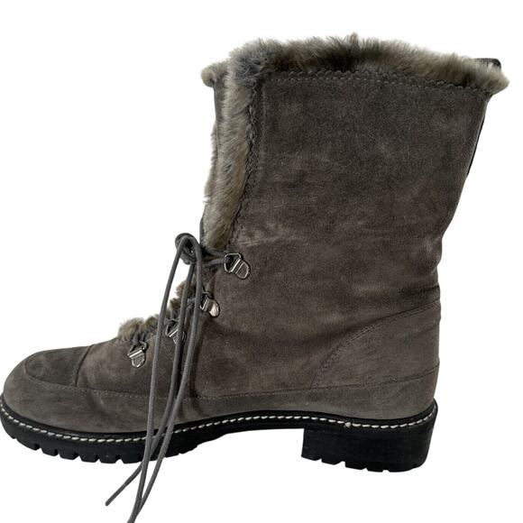 Stuart Weitzman Designer Gray Suede Faux Fur Lined Boots 7.5 Combat Mark on Toe - Picture 5 of 12